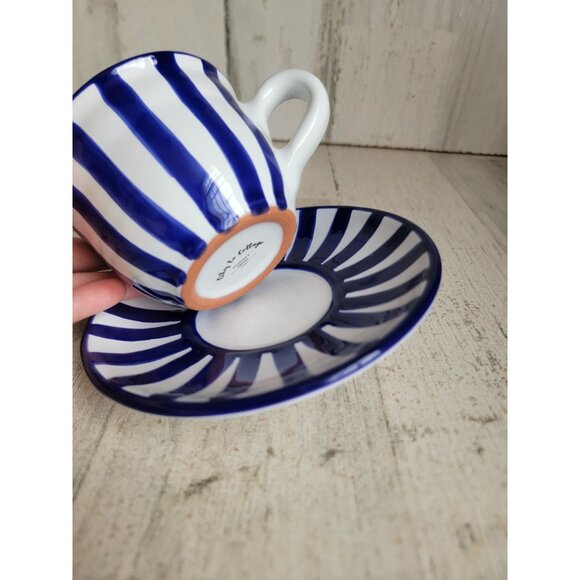 City to cottage dark blue striped teacup mug‎ saucer set - Picture 3 of 8